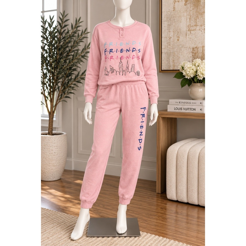 Friends Women Pajama Set Pink Starlight Henley Graphic Joggers Size Medium 8-10